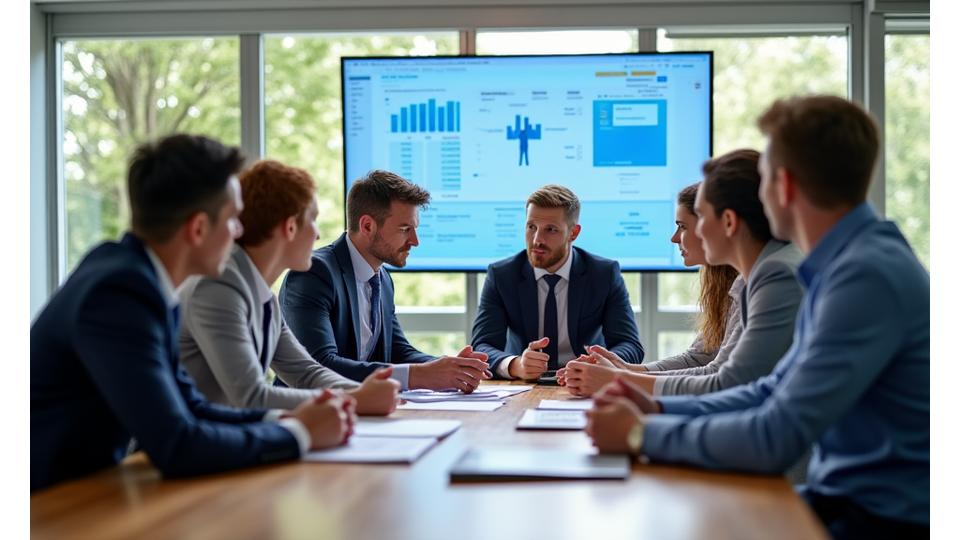 Team discussing financial strategy around a table