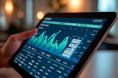 Interface d'application financière avec graphiques et un robot stylisé, symbolisant le robo-conseil.